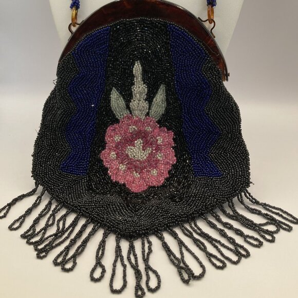 Hand Beaded and Sewn Beaded Bag/Purse wit Tortoise Shell Frame Antique Victorian - Picture 1 of 10